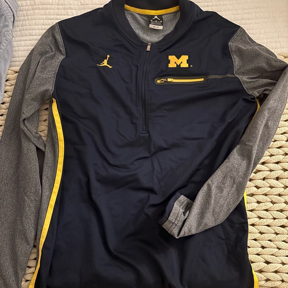 Jordan Navy and Gray Quarter-Zip Pullover with Yellow Accents Dri-fit UofM